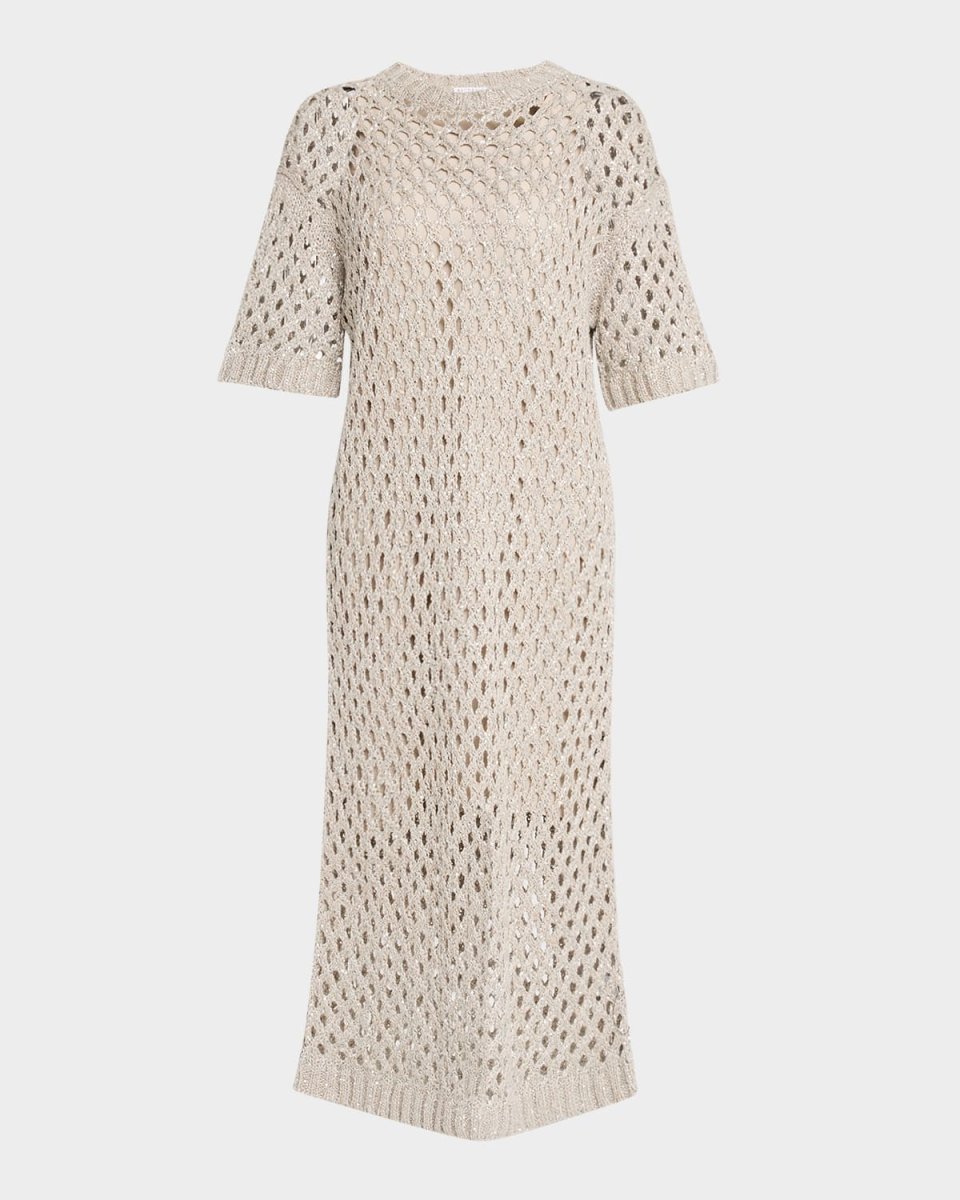 Openweave Pailette Silk and Linen Short-Sleeve Midi Sheath Dress